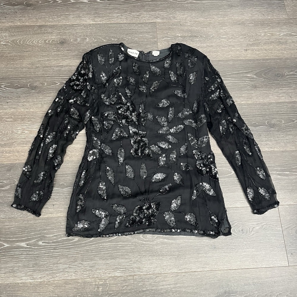 Sweet Lo Blouse 100% Silk Beaded Vintage Delicate‎ Black Womens Size Large Glam